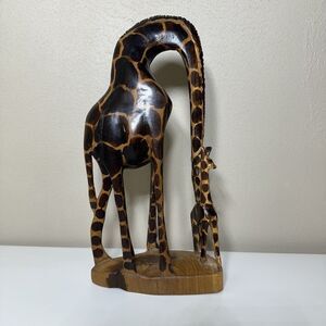 BESMO MOTHER GIRAFFE AND BABY WOODEN FIGURINE , Hand carved in Kenya. 12 Inches